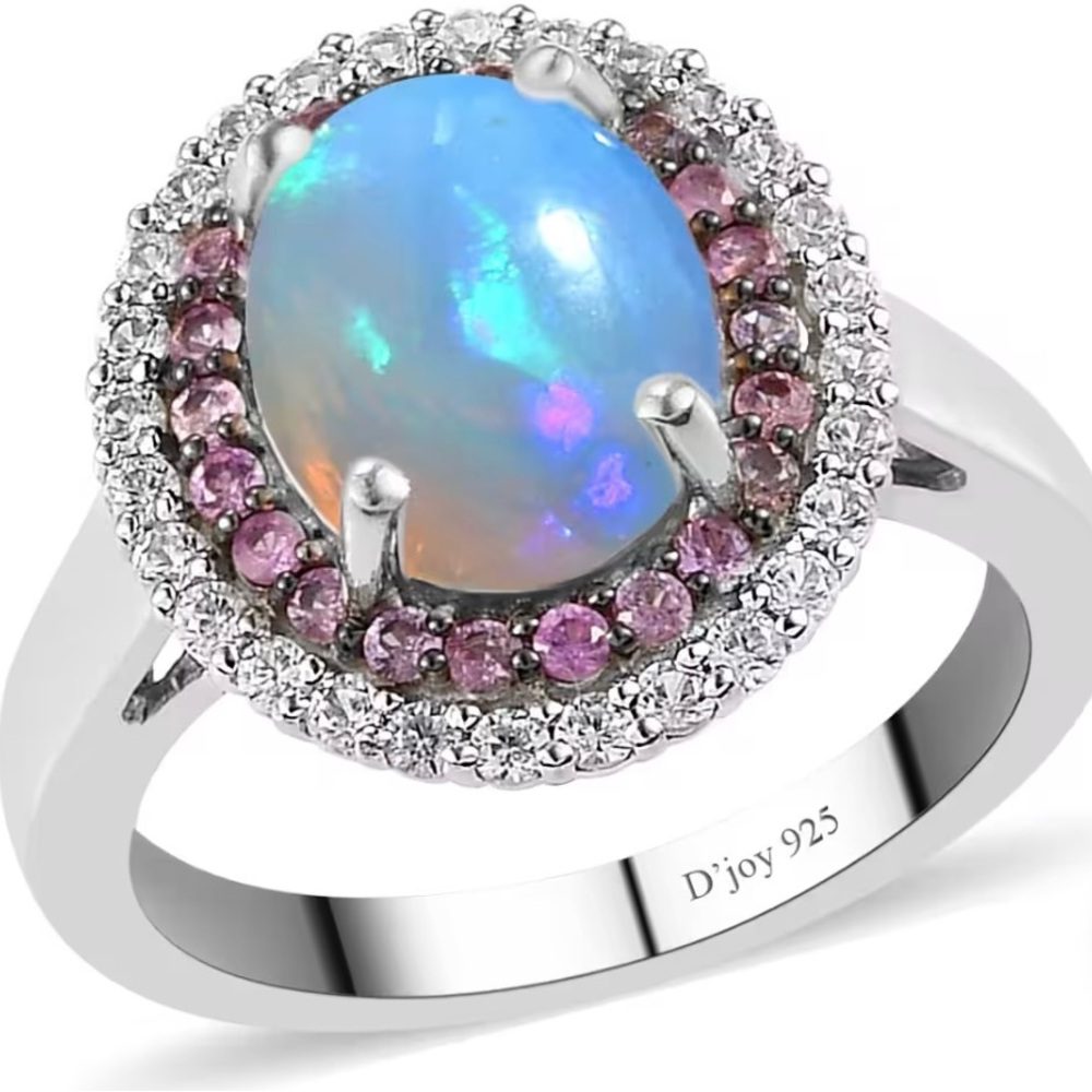 Ethiopian Welo Opal, Pink Sapphire, & White Zircon Ring In Platinum Over Silver